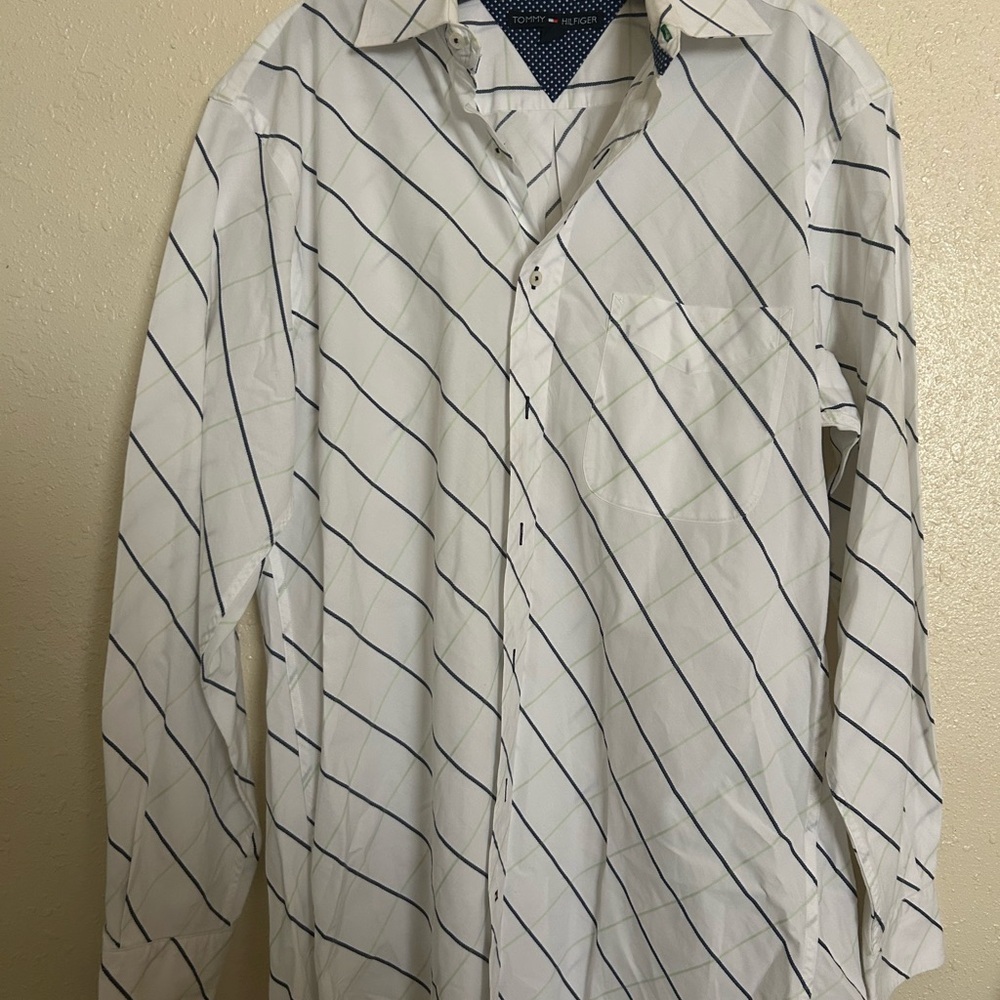 Tommy Hilfiger White and Blue Casual Button Down Shirt